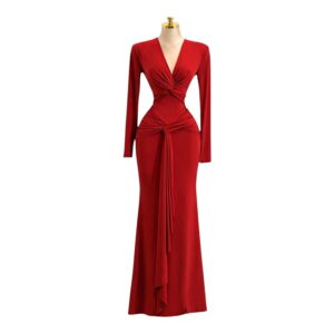 Vestido Largo Rojo Con Fruncido Central Y Manga Larga