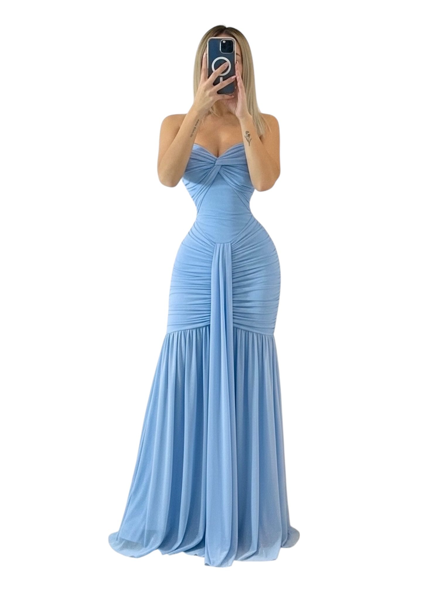 Vestido Largo Azul Cielo Con Fruncido Central - Image 3