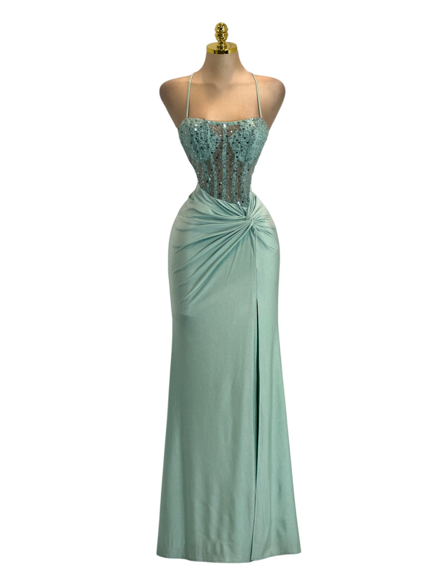 Vestido Largo Verde Menta Con Corset De Lentejuela Y Fruncido Lateral - Image 2