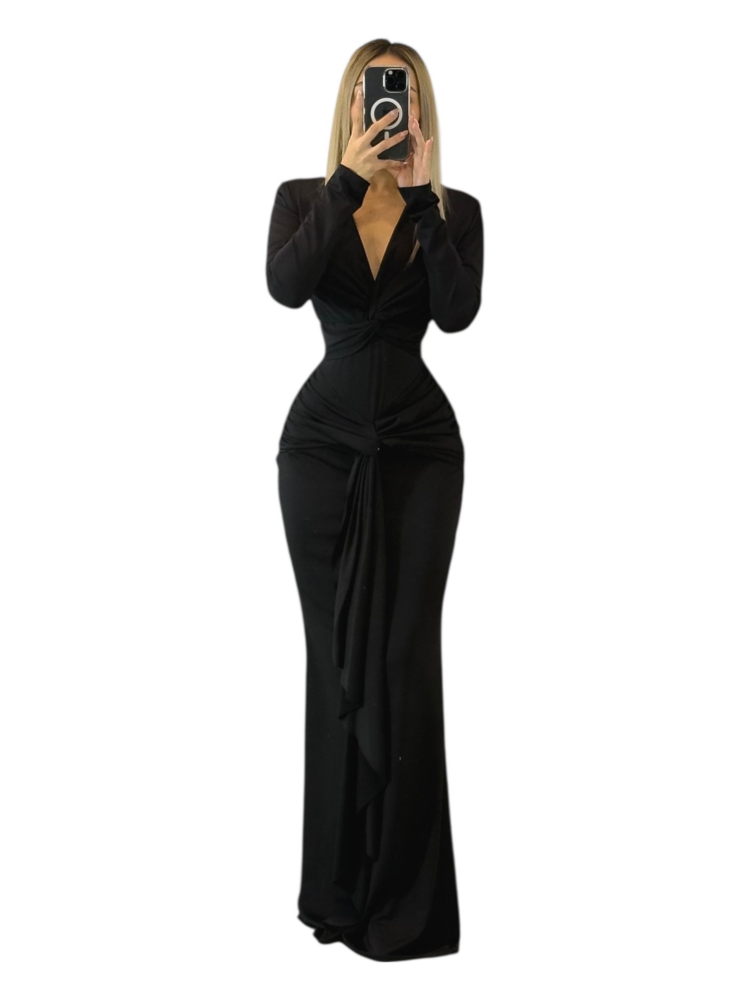 Vestido Largo Negro De Manga Larga Con Fruncido Central - Image 3