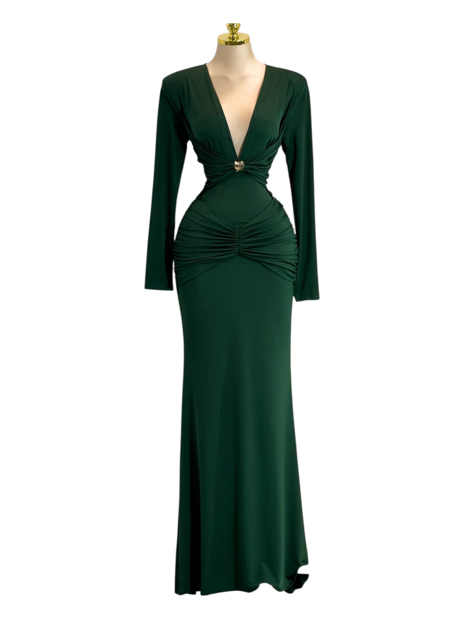 Vestido Largo Verde Esmeralda De Manga Larga Con Escote Profundo - Image 2