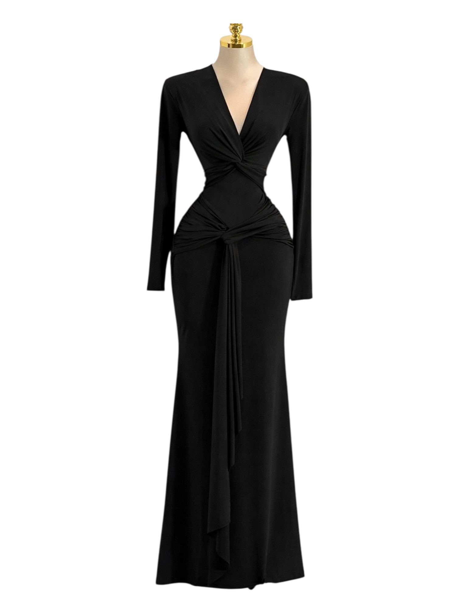 Vestido Largo Negro De Manga Larga Con Fruncido Central - Image 2