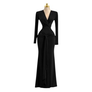 Vestido Largo Negro De Manga Larga Con Fruncido Central