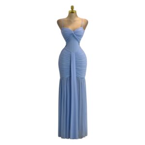 Vestido Largo Azul Cielo Con Fruncido Central