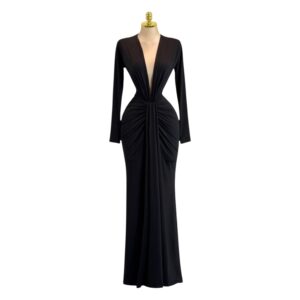 Vestido Largo Negro De Manga Larga Con Escote Profundo Y Fruncido Central