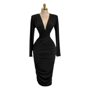 Vestido Midi Negro De Manga Larga Con Escote En V Y Fruncido Cruzado