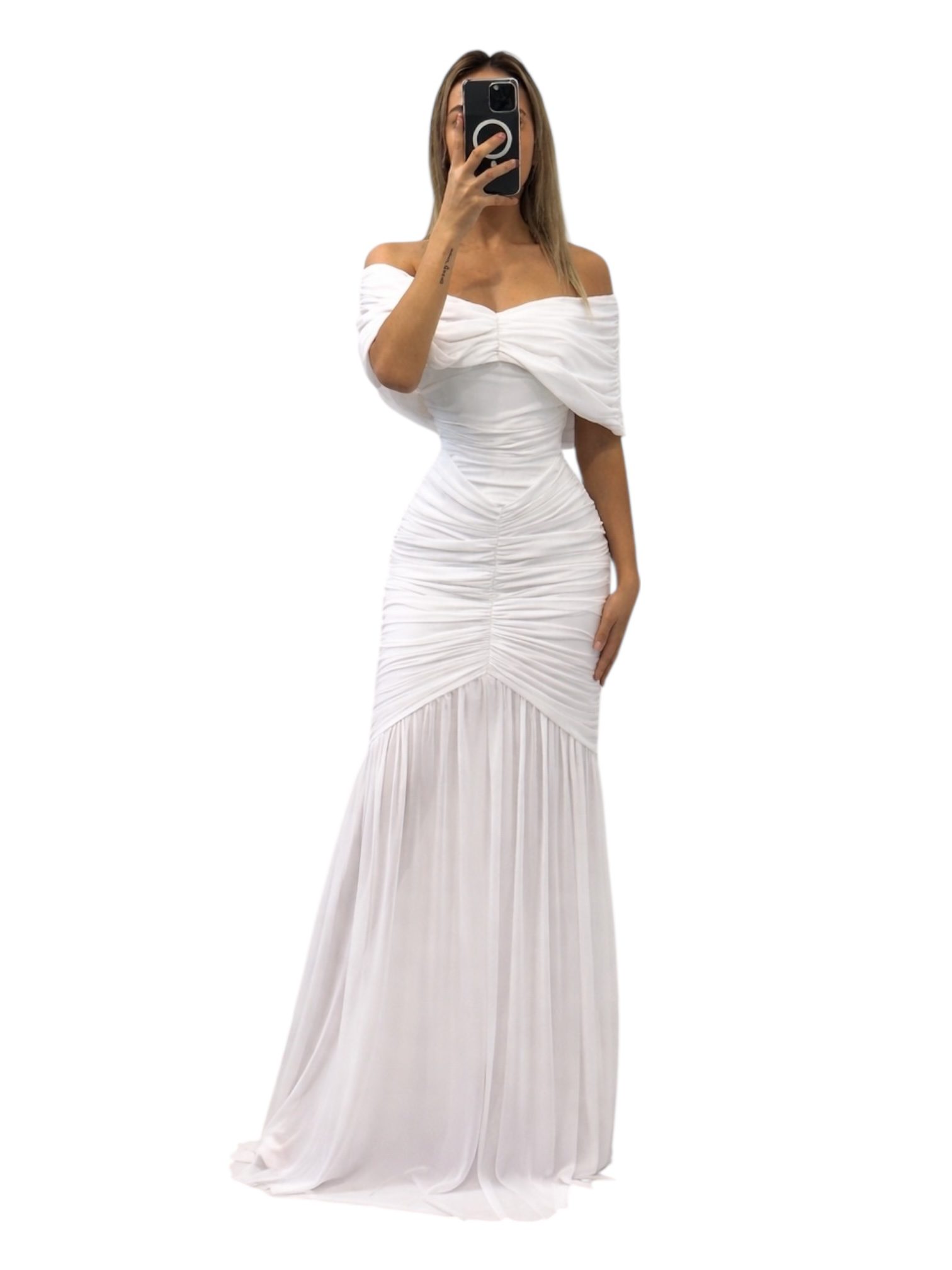 Vestido Largo Blanco Con Fruncido Y Falda Plisada - Image 3