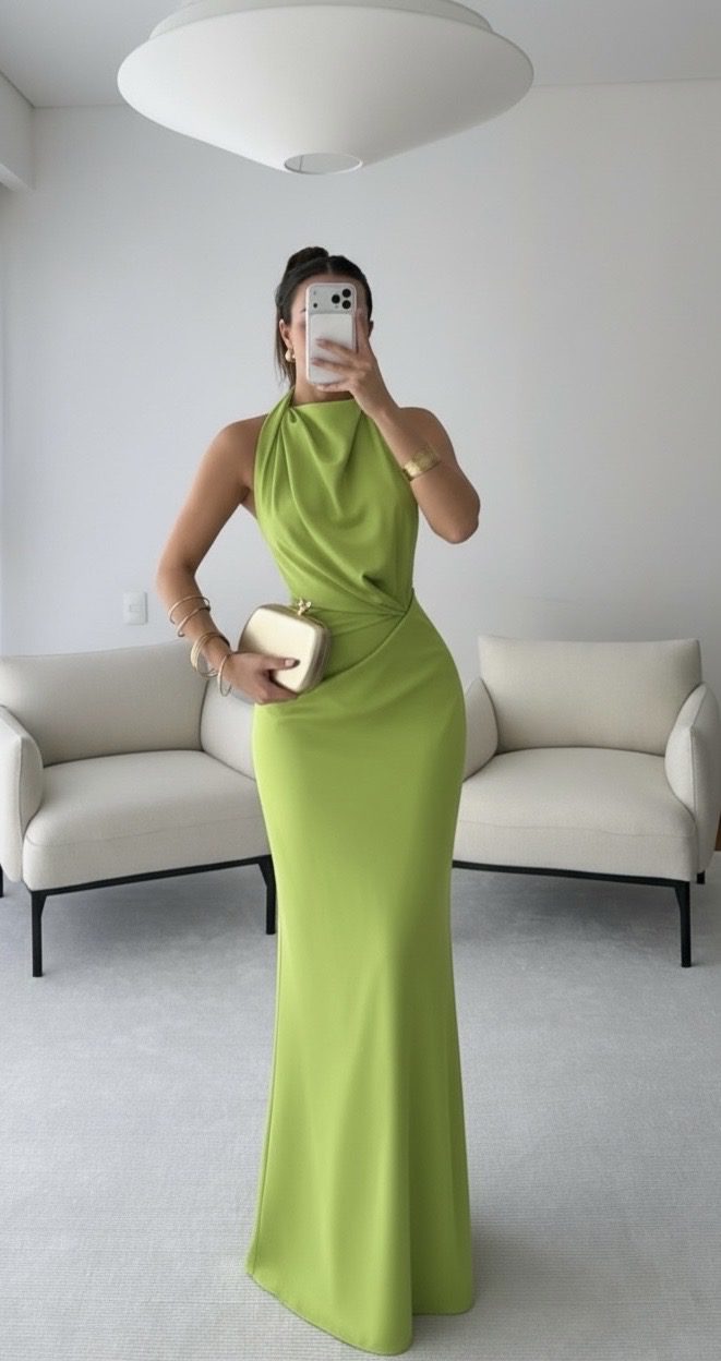 Vestido Largo Verde Lima Con Drapeado Lateral - Image 4