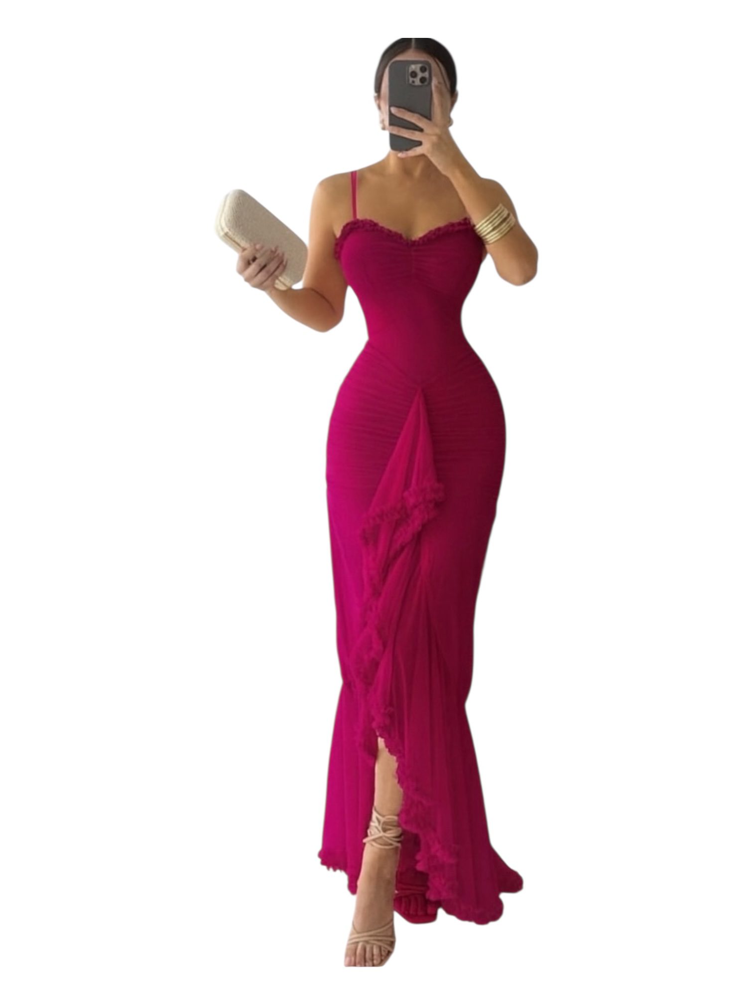 Vestido Largo Fucsia Con Tirantes Finos Y Volantes Frontales - Image 3