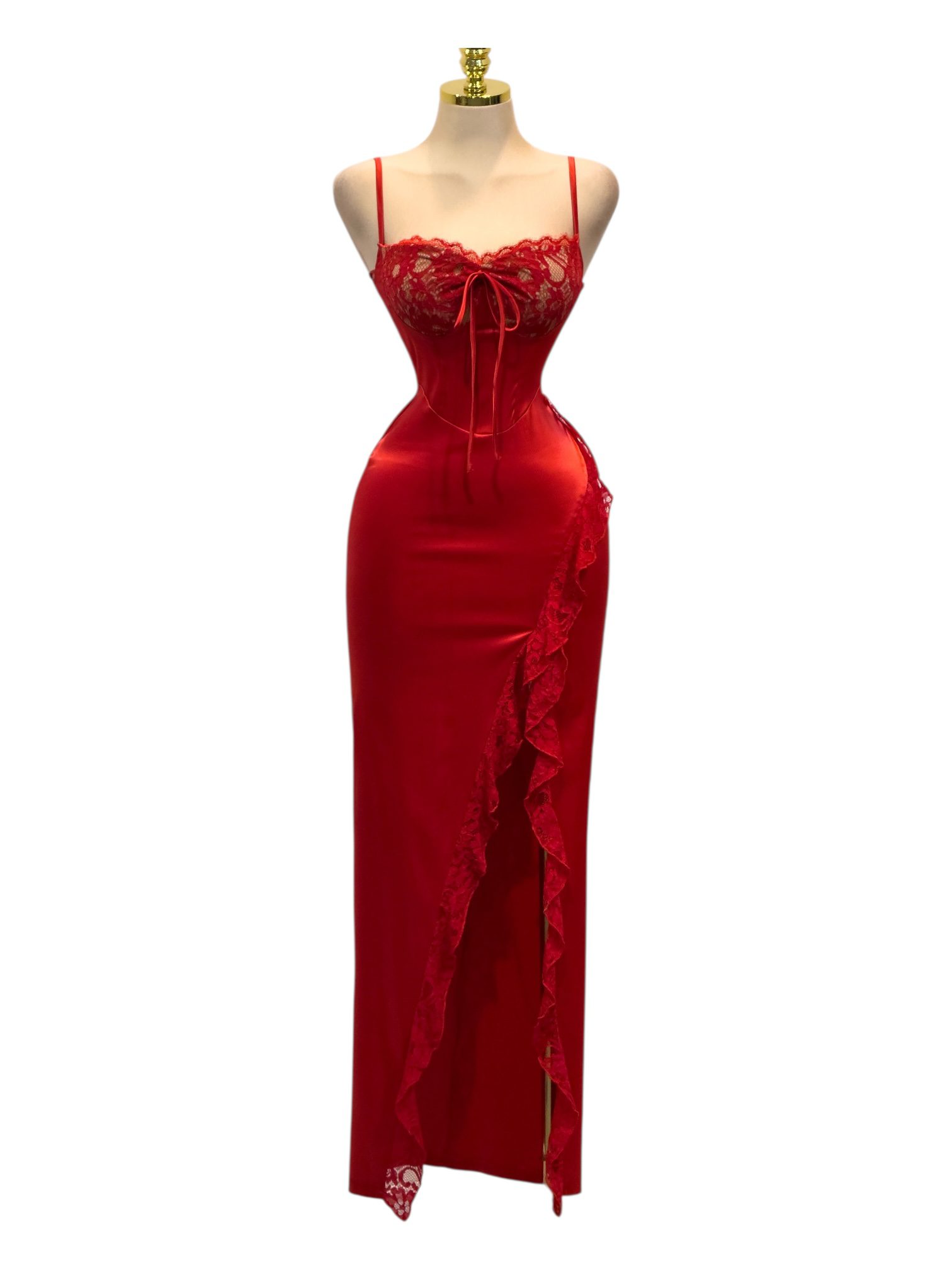 Vestido Largo Rojo Con Encaje Superior Y Abertura Lateral - Image 2