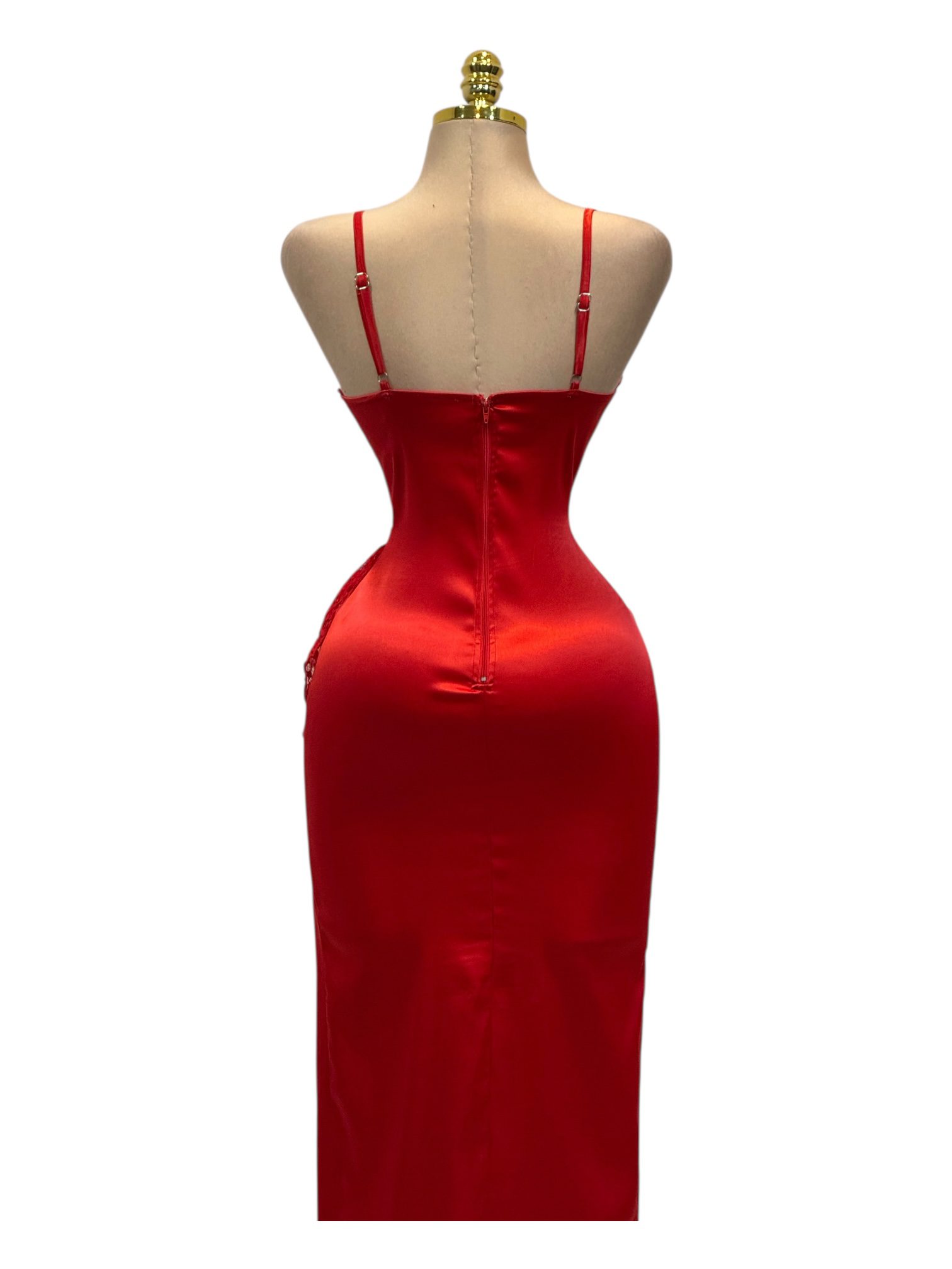 Vestido Largo Rojo Con Encaje Superior Y Abertura Lateral - Image 3