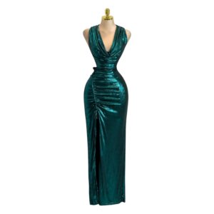 Vestido Verde Esmeralda Satinado Con Escote Drapeado Y Abertura