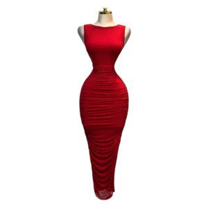 Vestido Largo Rojo Ajustado Con Fruncido Total Y Brillos