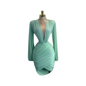 Vestido Verde Menta Con Escote Profundo Y Fruncido Cruzado
