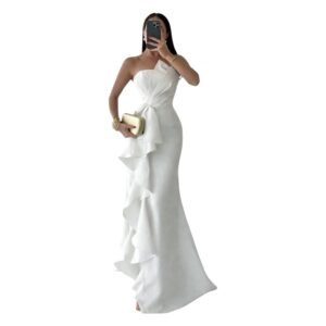 Vestido Largo Blanco StraplessCcon Moño Frontal Y Olanes Laterales