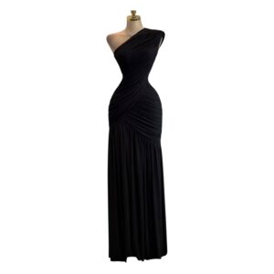 Vestido Largo Negro Asimétrico de Un Hombro Con Fruncido Cruzado