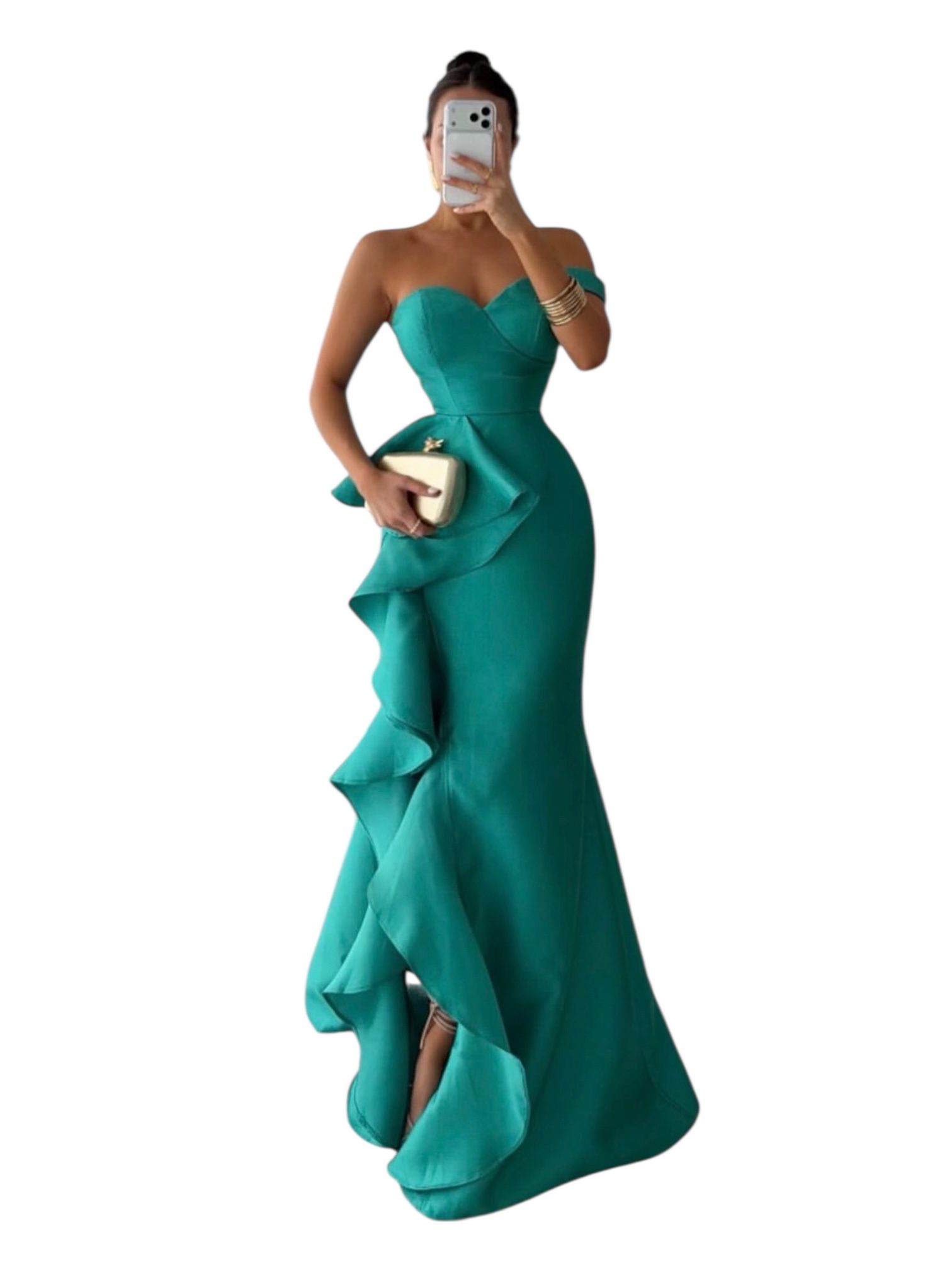 Vestido Largo Verde Strapless Con Olanes Laterales - Image 2