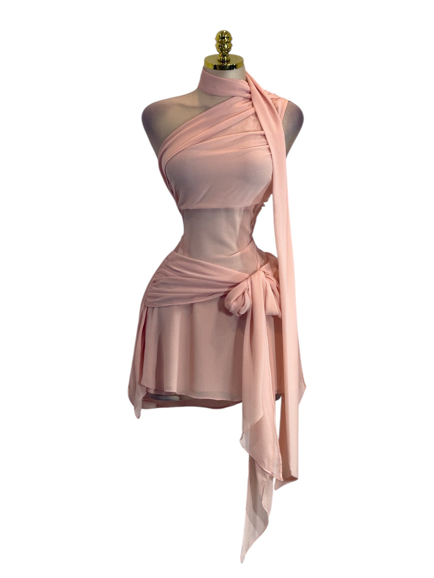 Vestido Corto Rosa Asimétrico Con Nudo Y Lazo Decorativo - Image 2