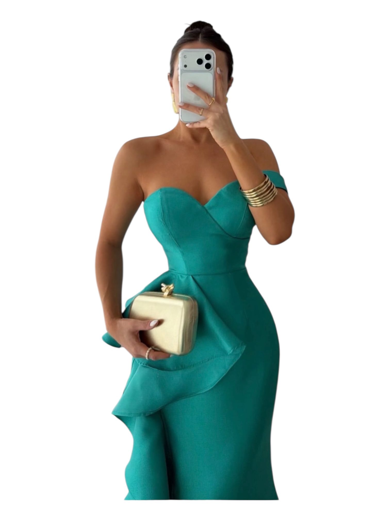 Vestido Largo Verde Strapless Con Olanes Laterales - Image 3