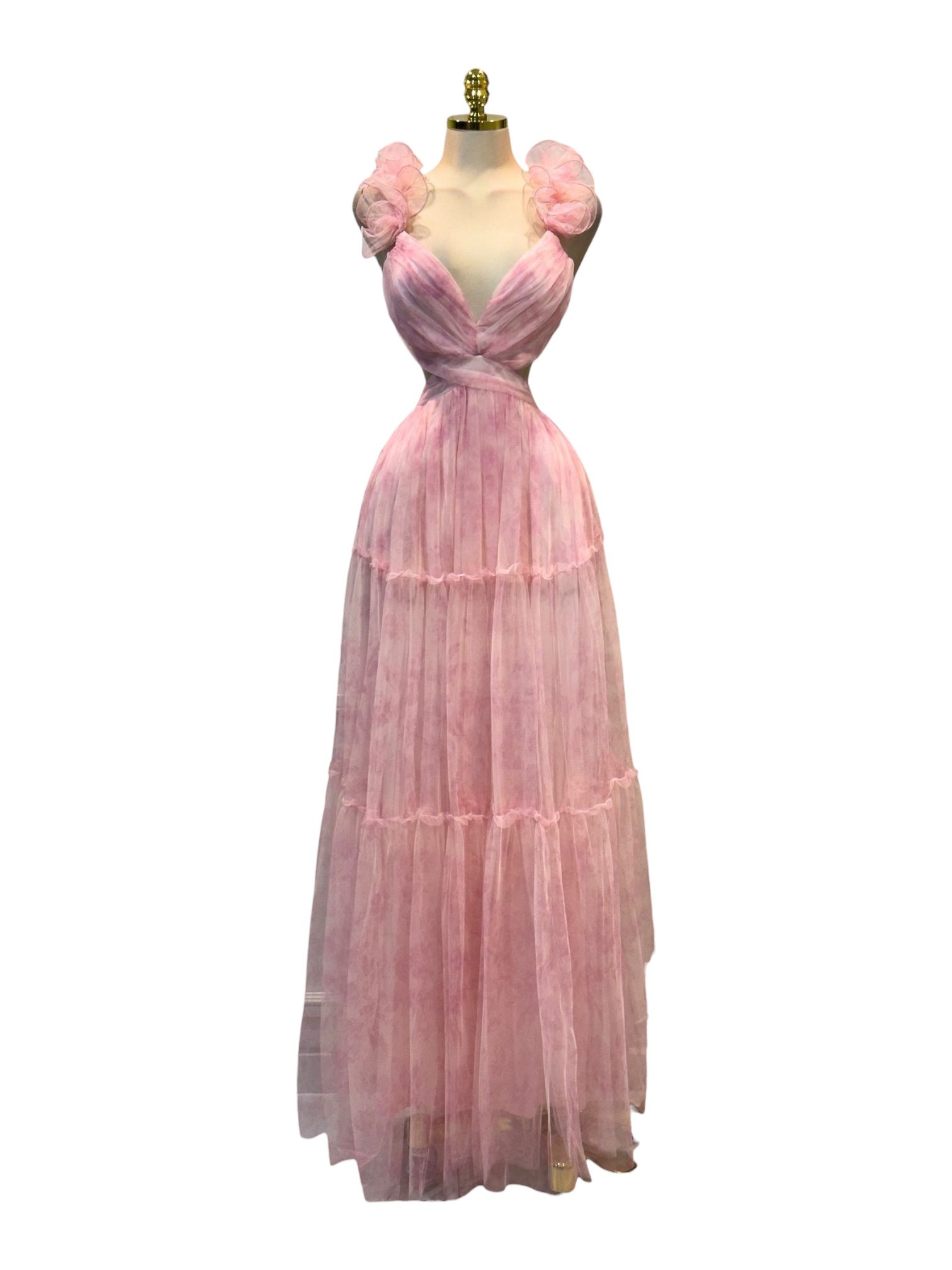 Vestido Largo Rosa Degradado Con Escote En V Y Aplicaciones En Hombros - Image 2