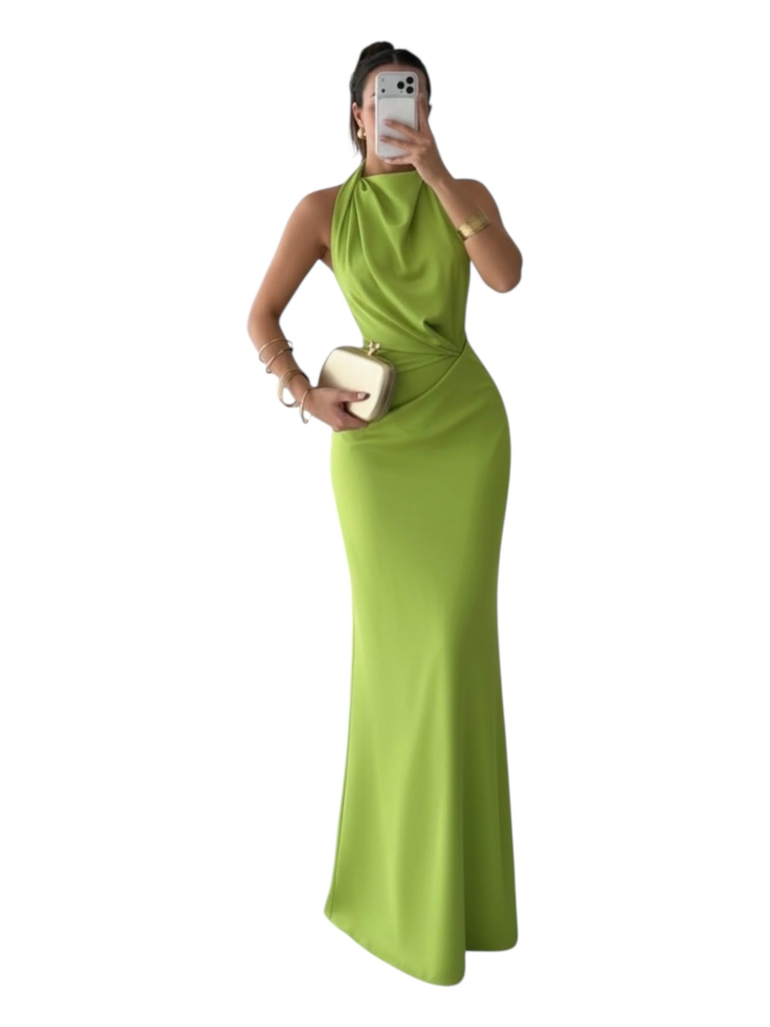 Vestido Largo Verde Lima Con Drapeado Lateral - Image 2