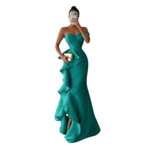 Vestido Largo Verde Strapless Con Olanes Laterales