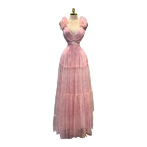 Vestido Largo Rosa Degradado Con Escote En V Y Aplicaciones En Hombros