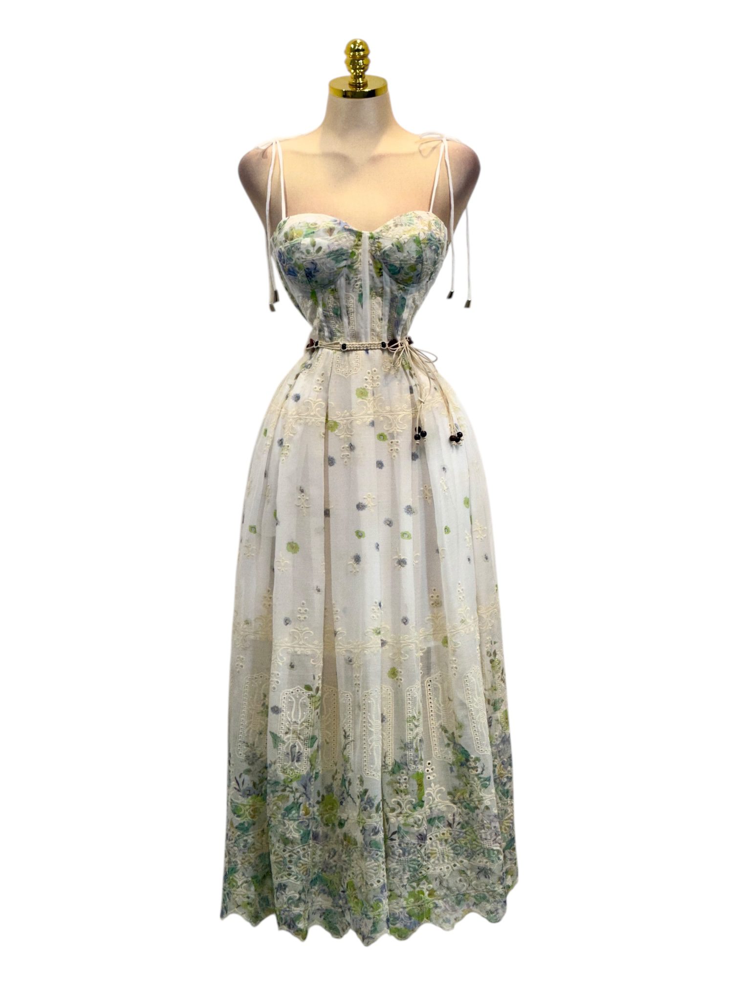 Vestido Largo Blanco Con Tirantes Ajustables Y Bordado Floral - Image 2