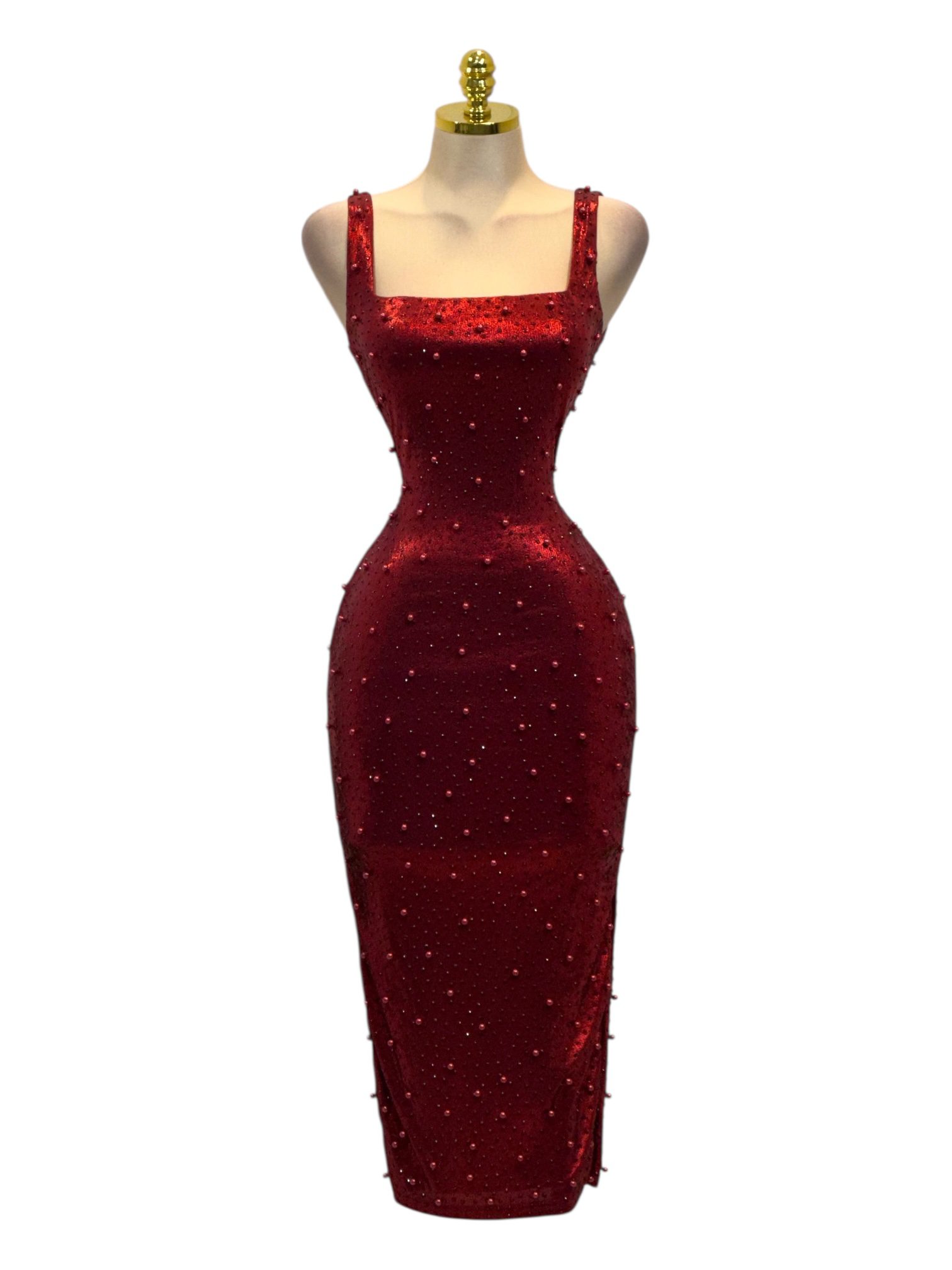 Vestido Largo Vino Con Tirantes Anchos Y Aplicaciones Brillantes - Image 2