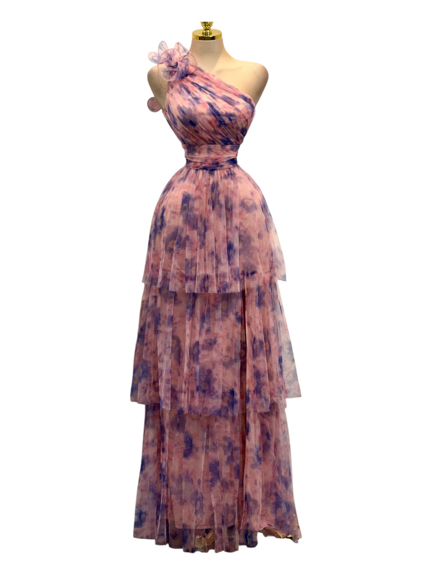 Vestido Largo Rosa De Un Hombro Con Detalle Floral - Image 2