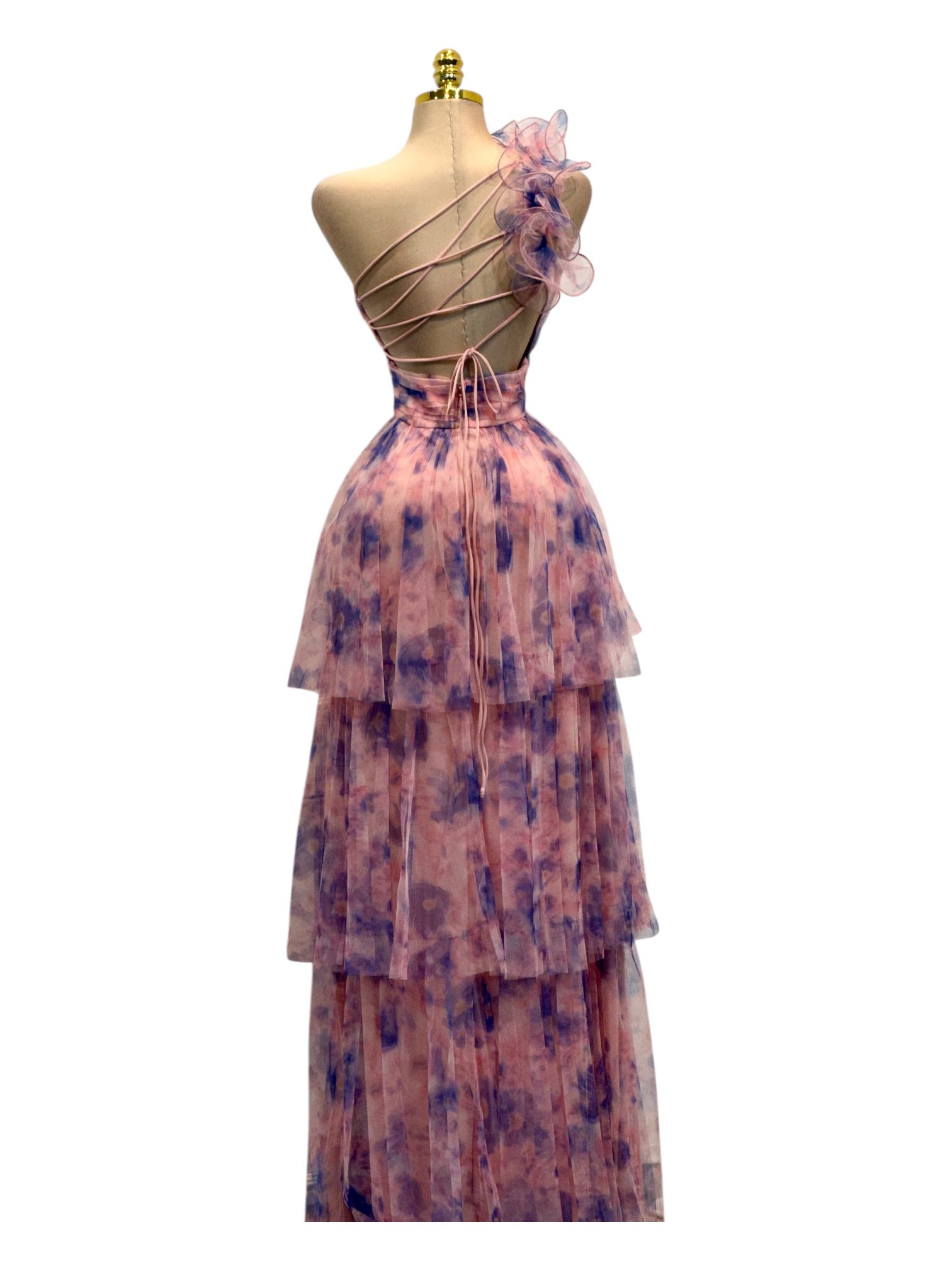 Vestido Largo Rosa De Un Hombro Con Detalle Floral - Image 3