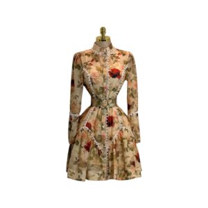 Vestido Corto Floral Beige De Manga Larga Con Botones