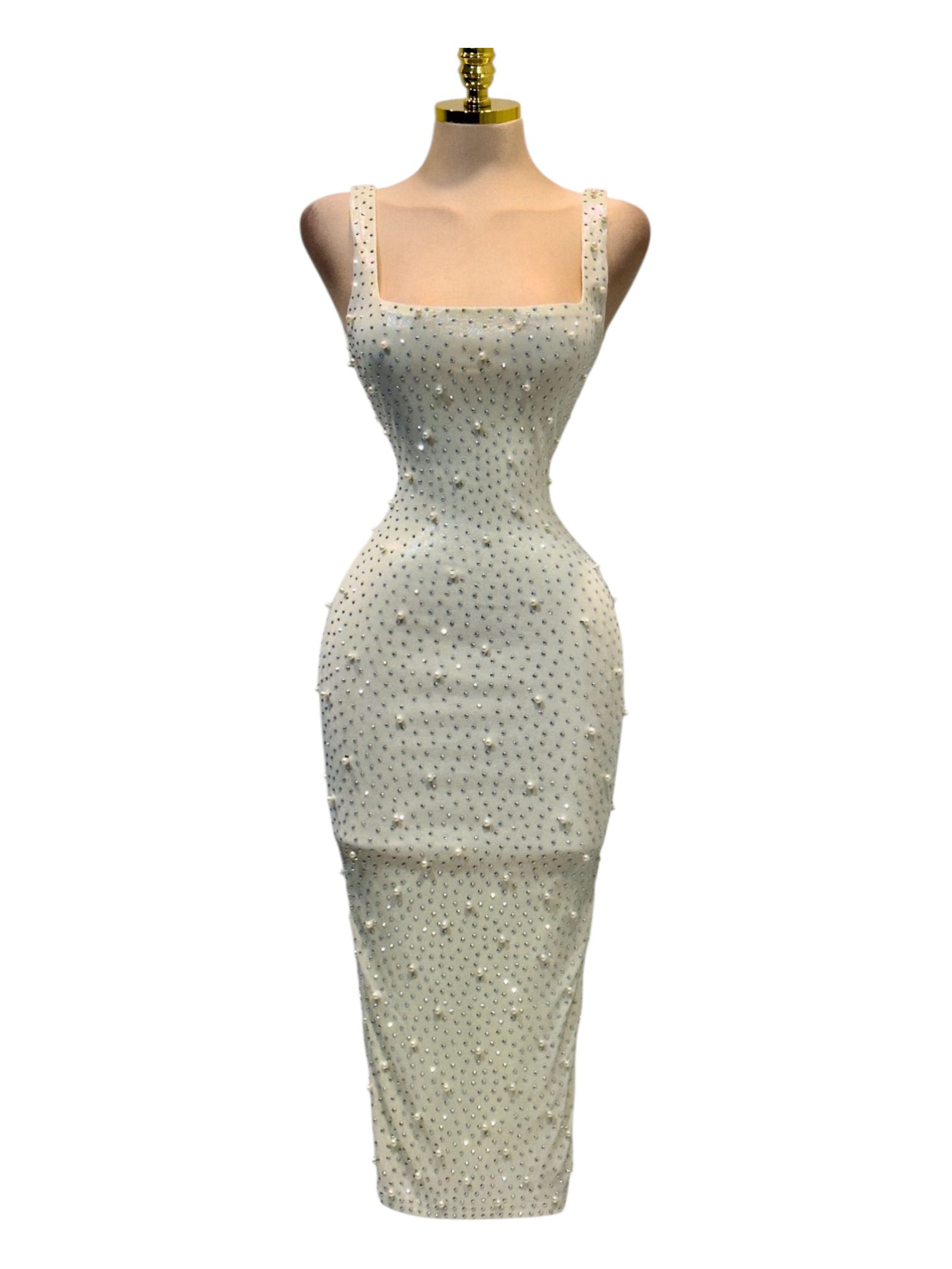 Vestido Midi Beige Ajustado Con Aplicaciones De Perlas Y Escote Cuadrado - Image 2