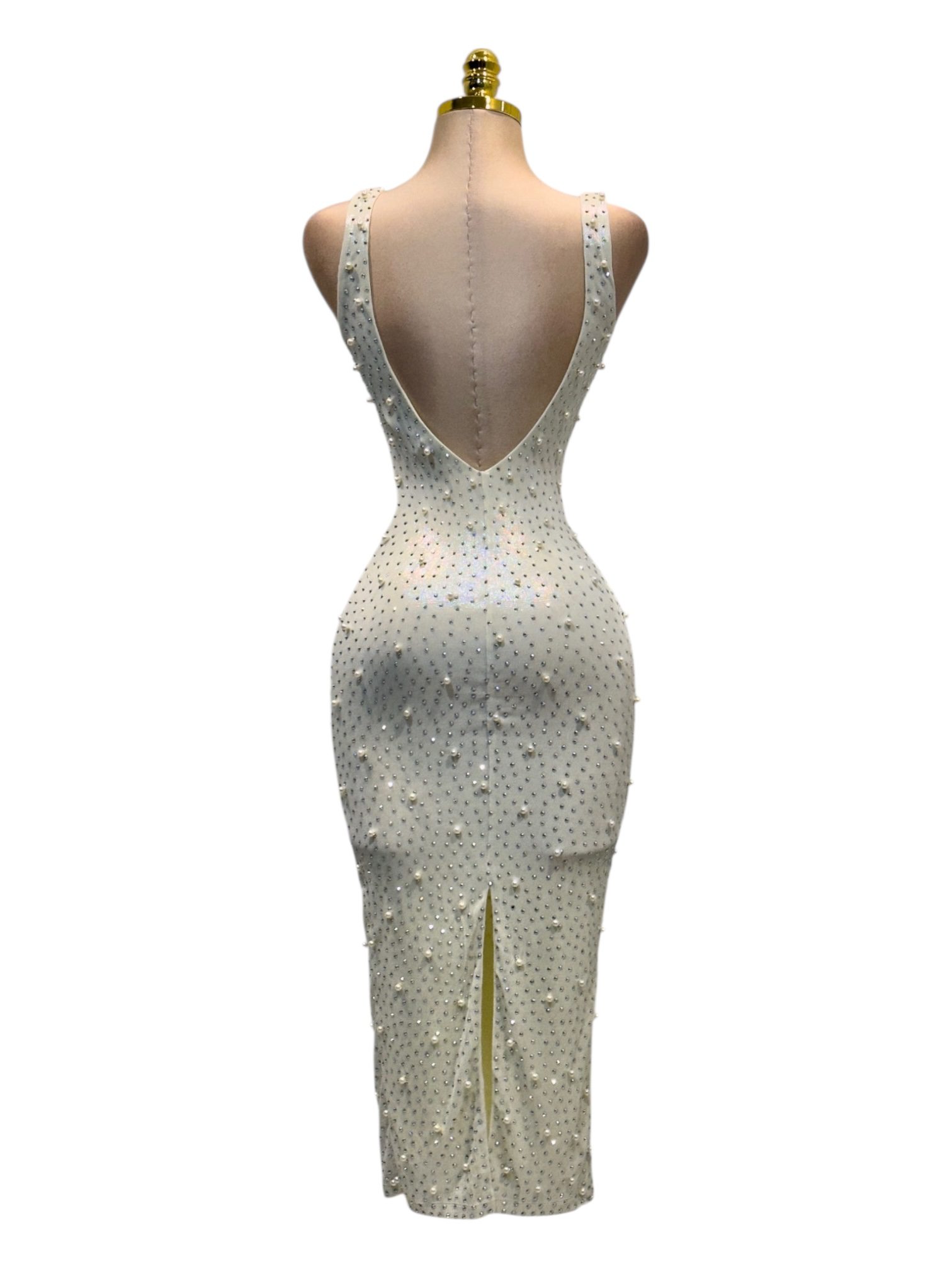 Vestido Midi Beige Ajustado Con Aplicaciones De Perlas Y Escote Cuadrado - Image 3