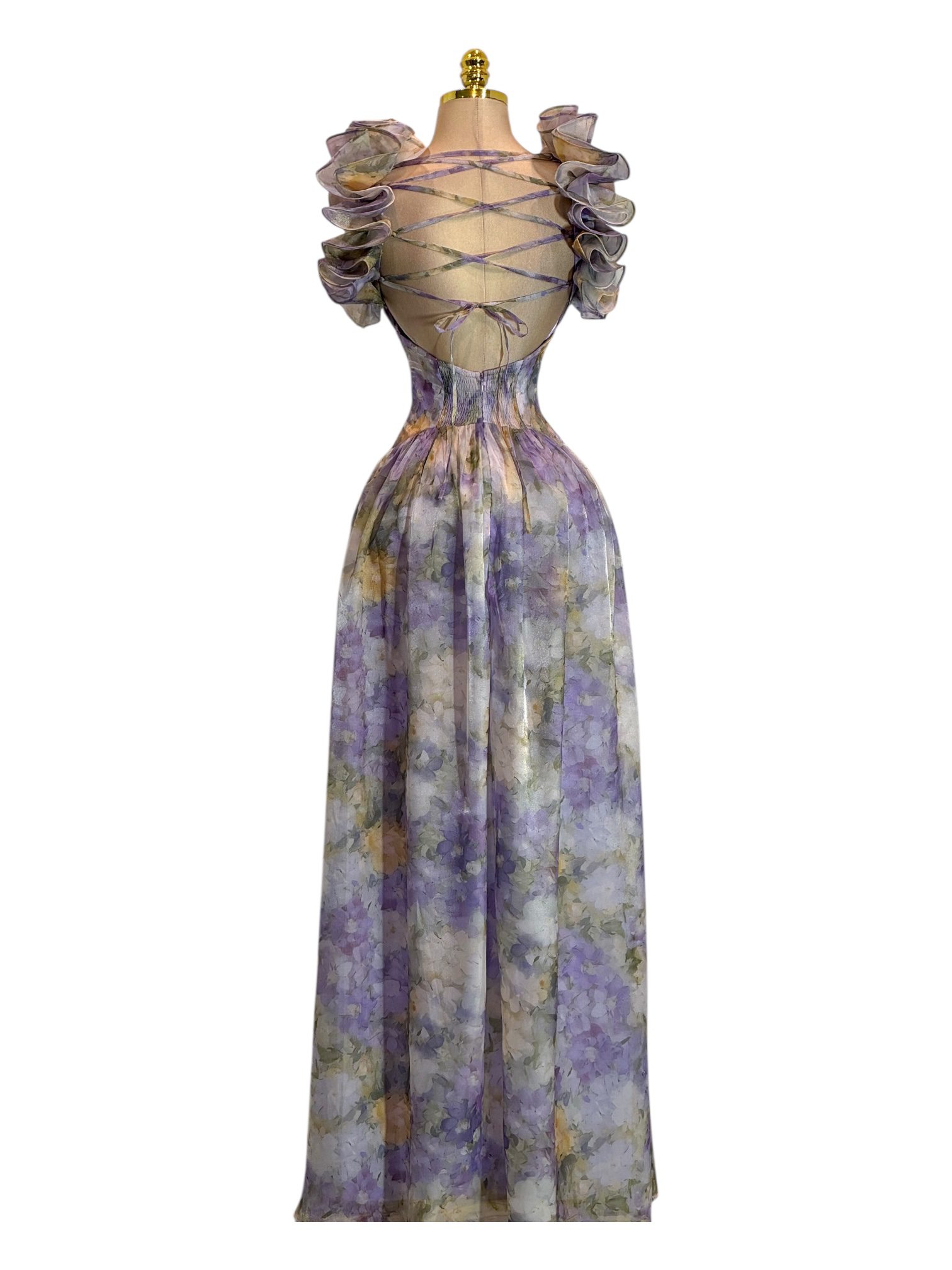 Vestido Floral Lila Con Escote En V Y Mangas Volantes - Image 3