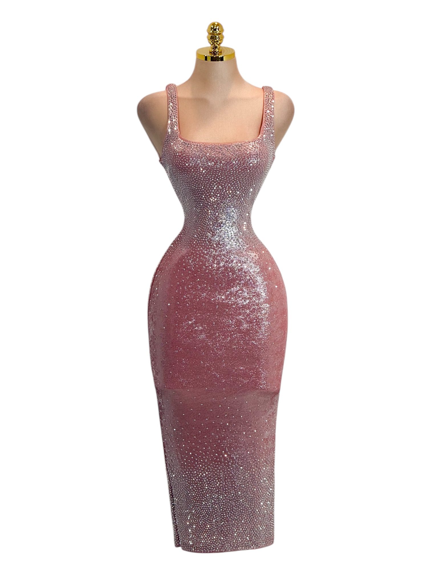 Vestido Midi Rosa Con Brillos Y Tirantes Anchos Ajustado - Image 2