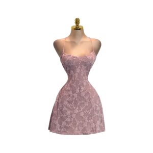 Vestido Corto Rosa Palo De Encaje Floral Con Tirantes Delgados