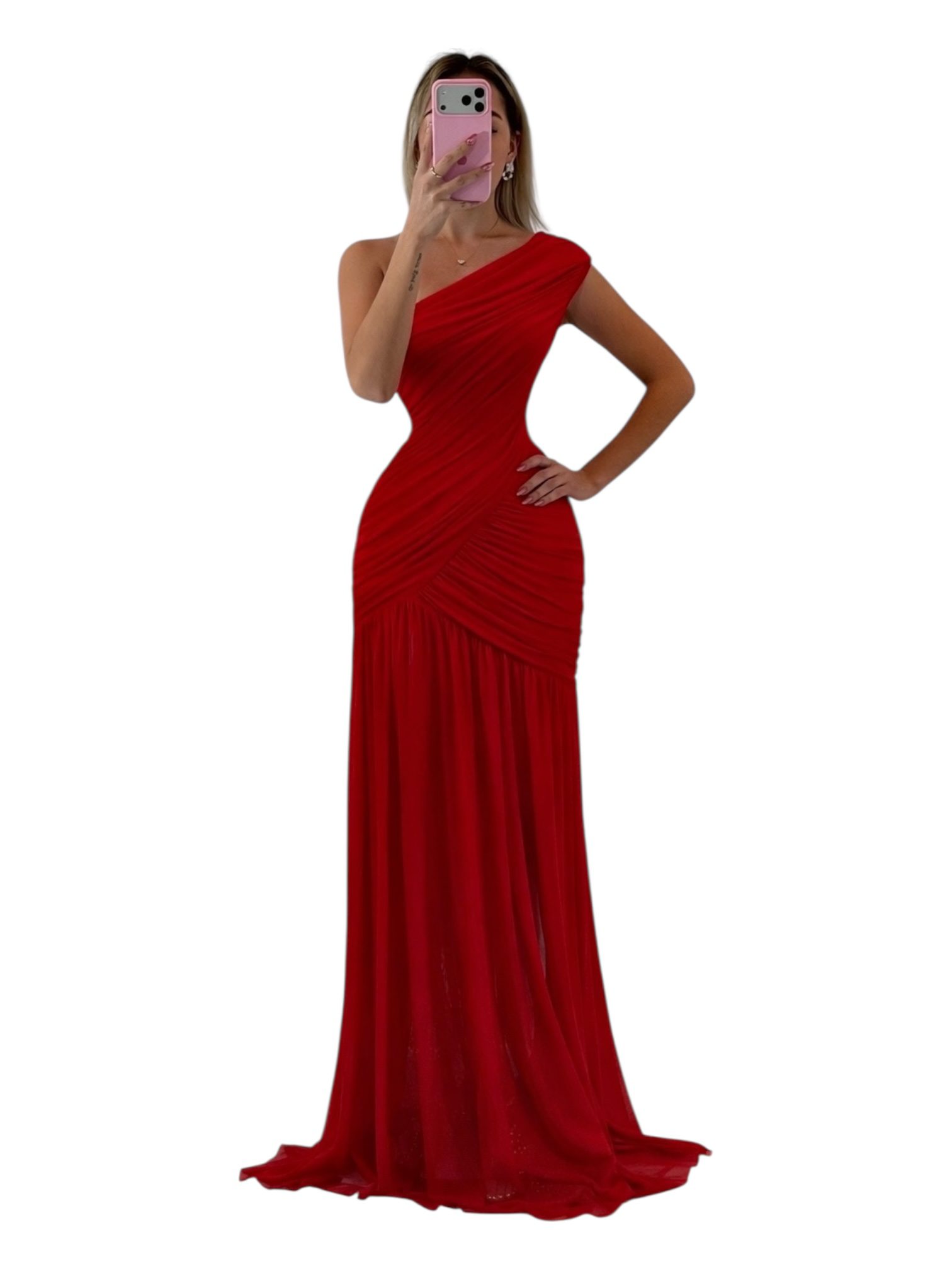 Vestido Rojo De Un Hombro Con Drapeado Cruzado Y Falda Fluida - Image 3