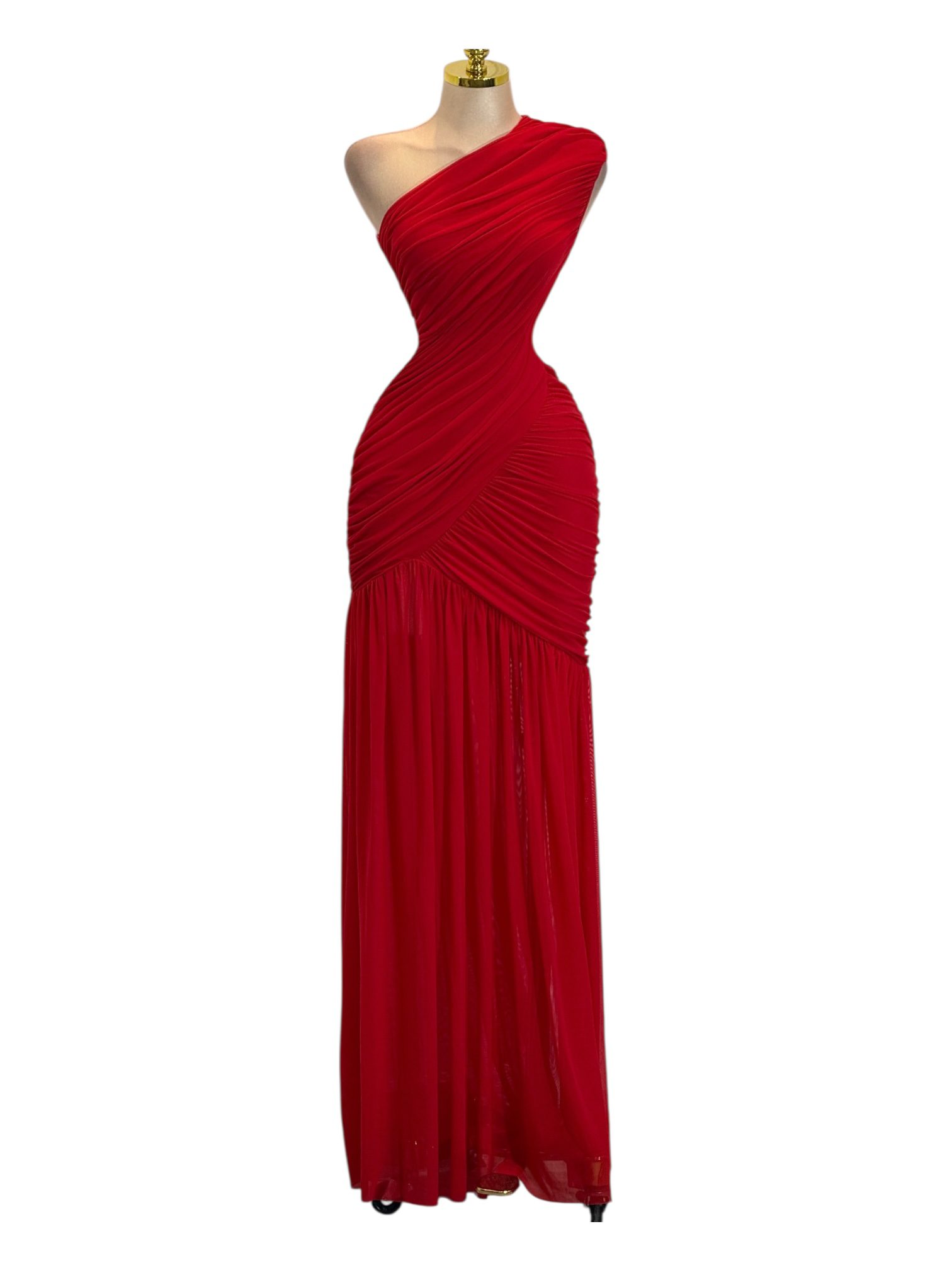 Vestido Rojo De Un Hombro Con Drapeado Cruzado Y Falda Fluida - Image 2