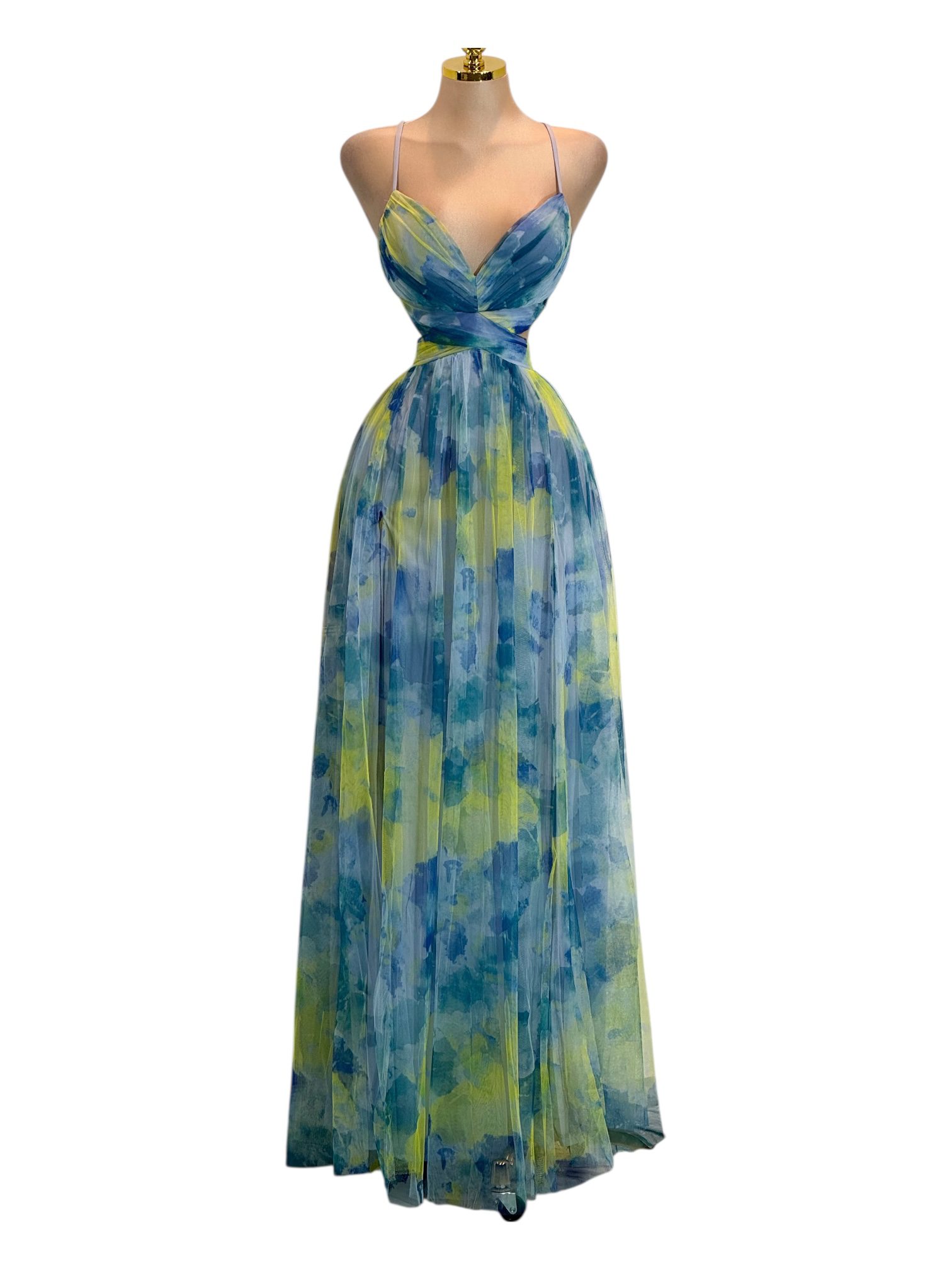 Vestido Azul Y Verde Estampado Con Escote En V Cruzado - Image 2