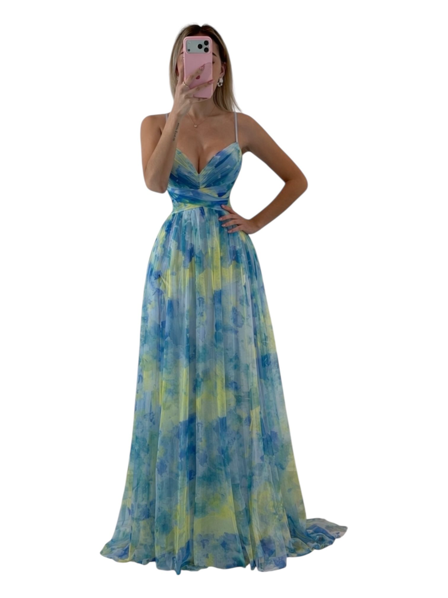 Vestido Azul Y Verde Estampado Con Escote En V Cruzado - Image 4