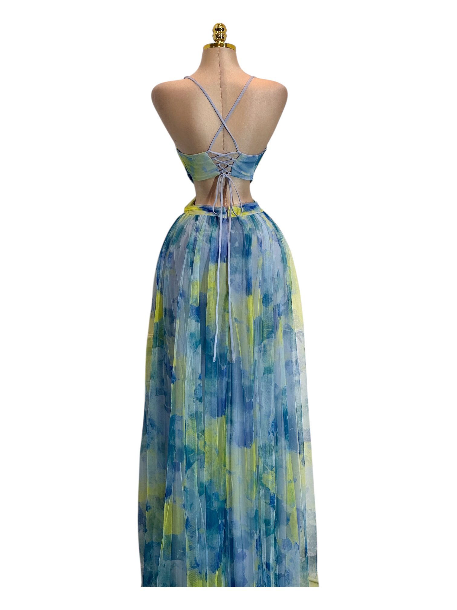 Vestido Azul Y Verde Estampado Con Escote En V Cruzado - Image 3