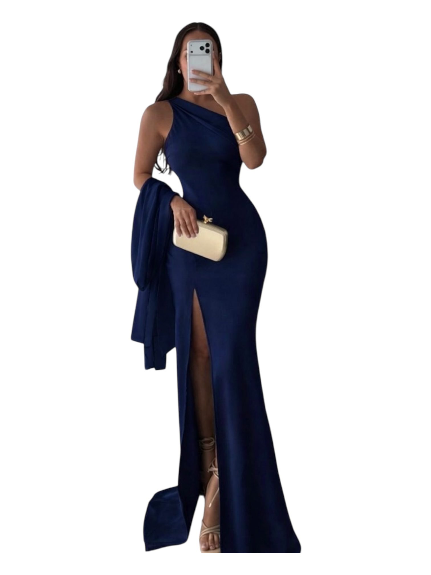 Vestido Azul Marino Asimétrico De Un Hombro Con Abertura Frontal - Image 3
