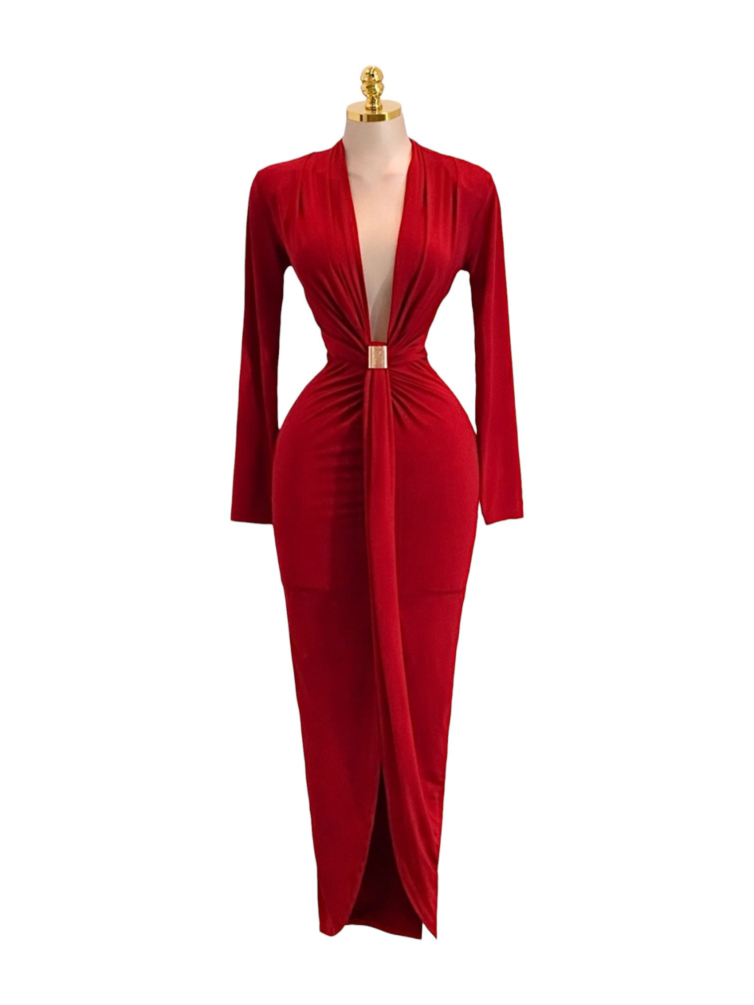 Vestido Rojo De Manga Larga Con Escote Profundo Y Detalle Metálico - Image 2