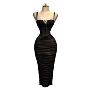 Vestido Midi Negro Tipo Corset Con Transparencias Y Fruncido