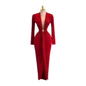 Vestido Rojo De Manga Larga Con Escote Profundo Y Detalle Metálico