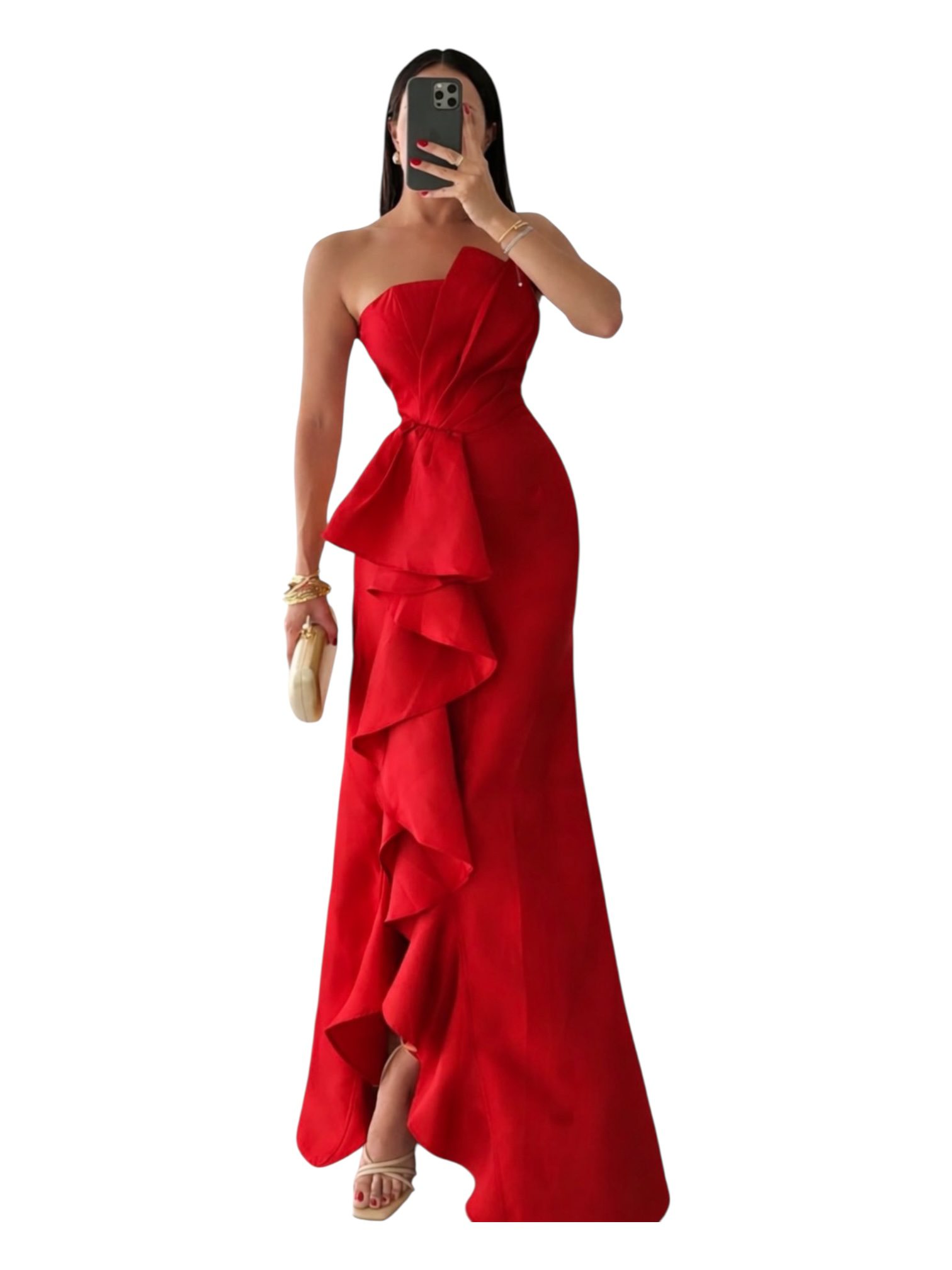 Vestido Rojo Con Strapless Y Olan - Image 2