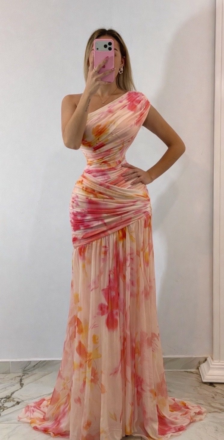 Vestido Largo Rosa Floral Asimétrico De Un Hombro Con Drapeado Cruzado - Image 4