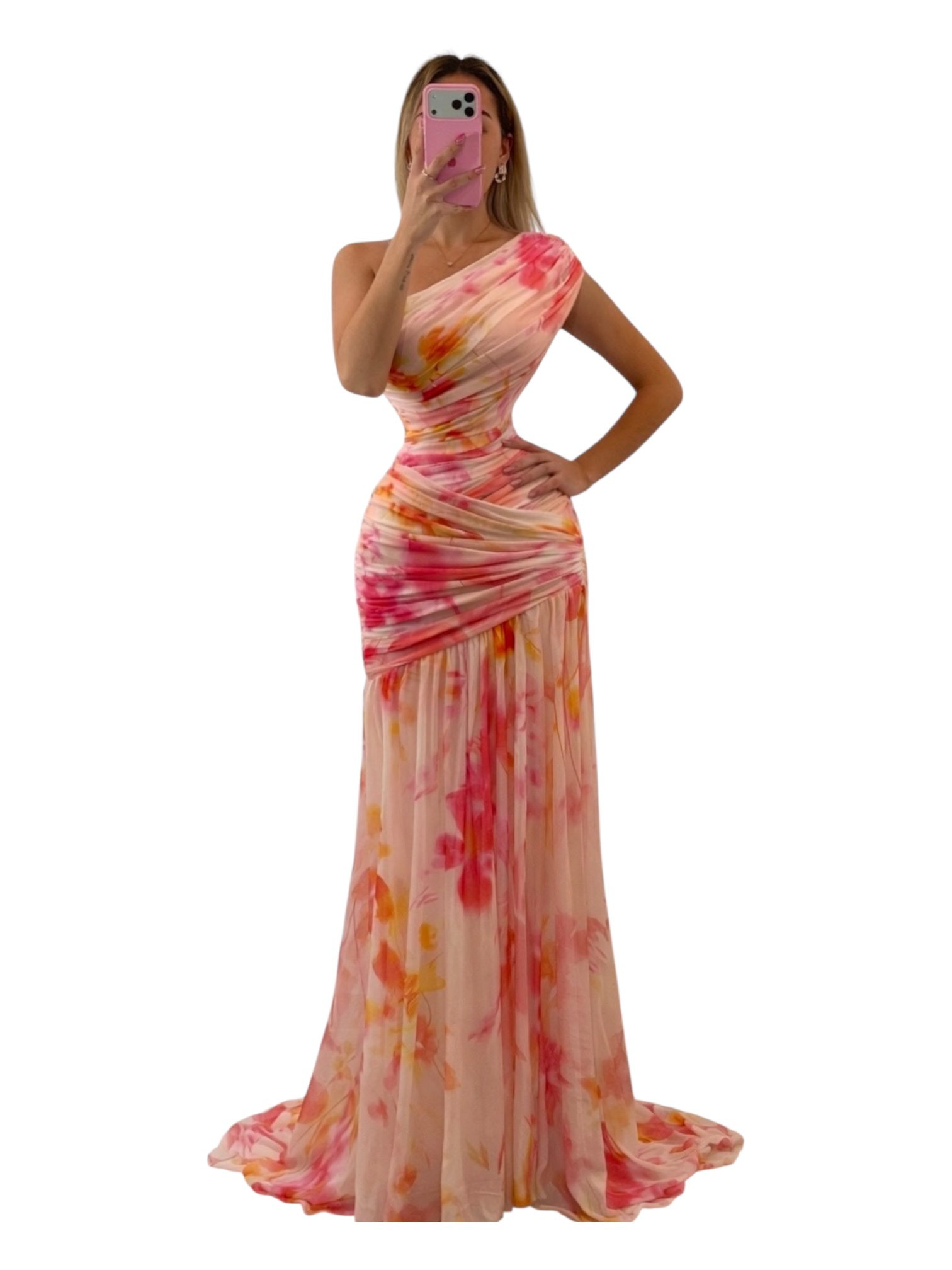 Vestido Largo Rosa Floral Asimétrico De Un Hombro Con Drapeado Cruzado - Image 3