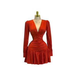 Vestido Corto Rojo De Manga Larga Con Escote En V